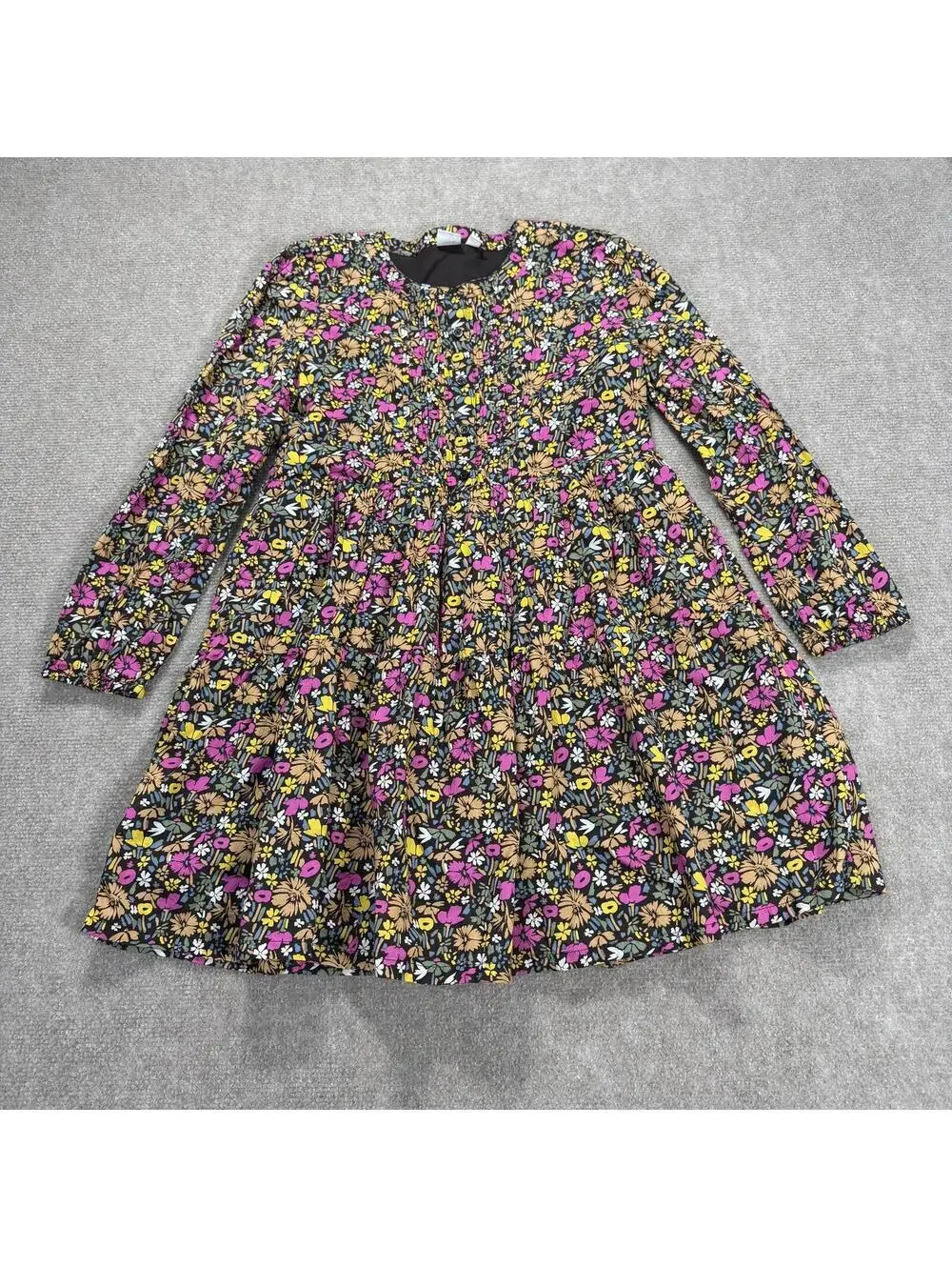 Gap Kids Girls Tiered Long Sleeve Dress Size Large 10-11 Navy Pink Floral Cotton